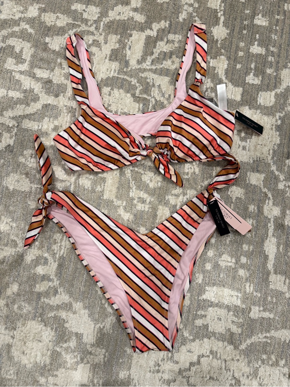 NWT Victoria’s Sectet Striped Tie-Front Bikini Set in Pink, Brown, Cream & White